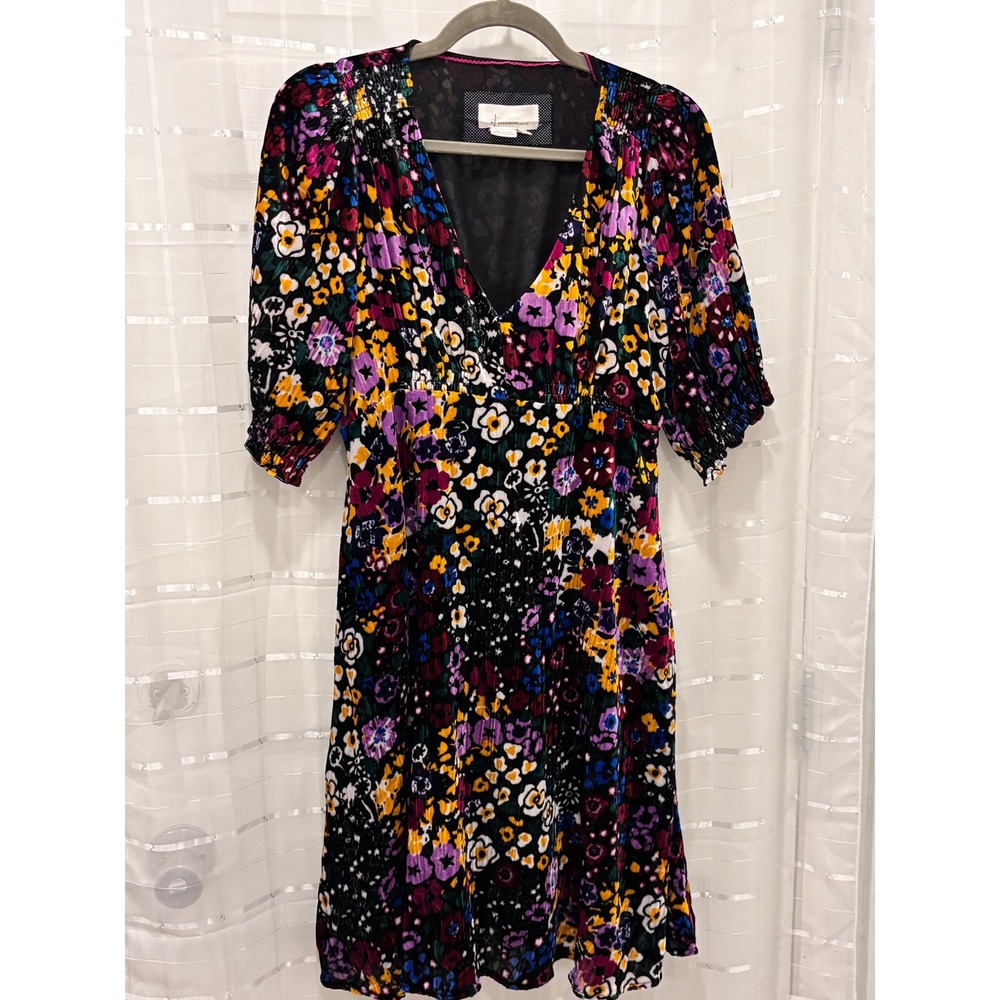 Anthropologie Floral Velvet Mini Dress V-Neck Puff Sleeve Smocked Waist Multi 0